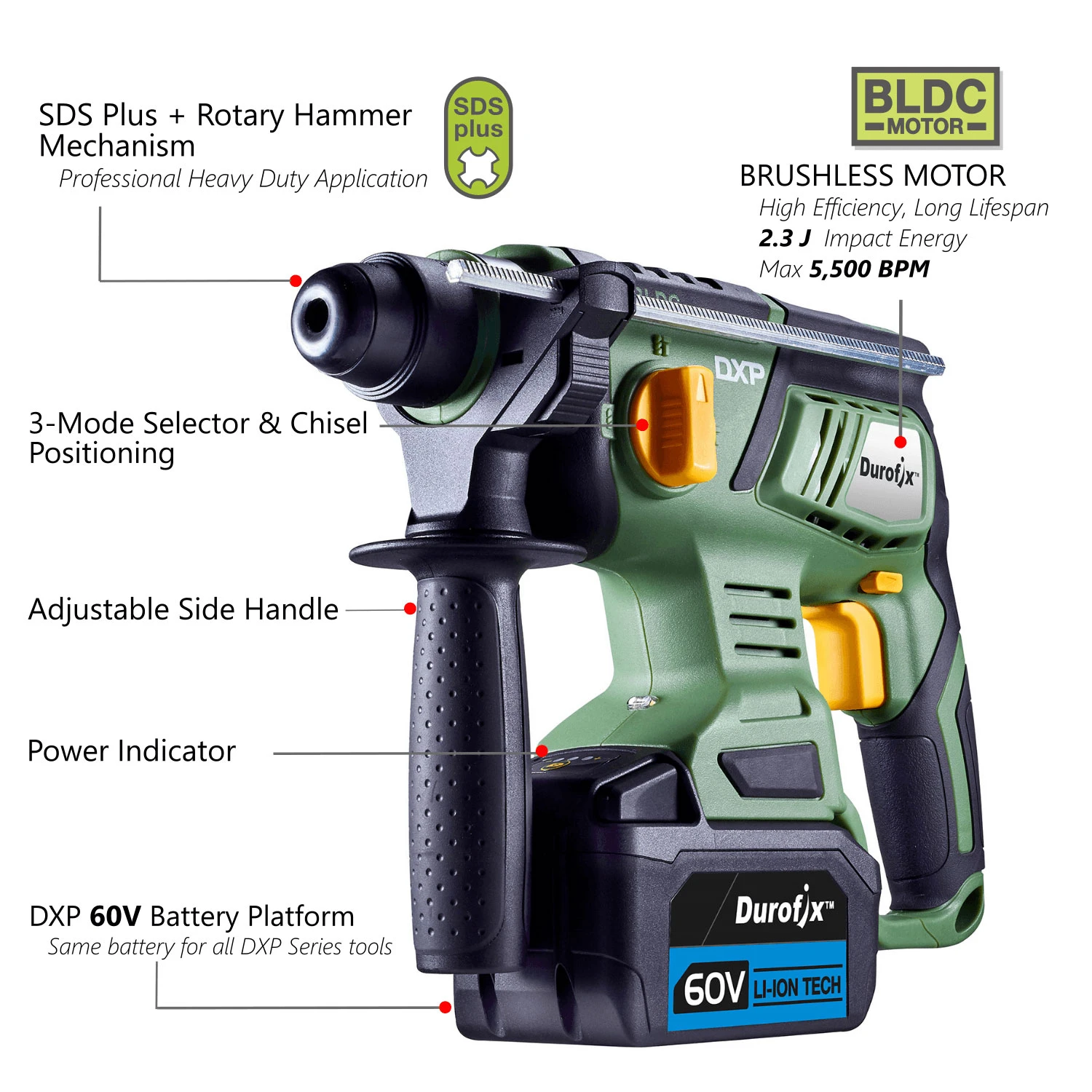 Durofix RY6001 Akülü Fırçasız SDS Plus Darbeli Matkap 60V - Resim 4