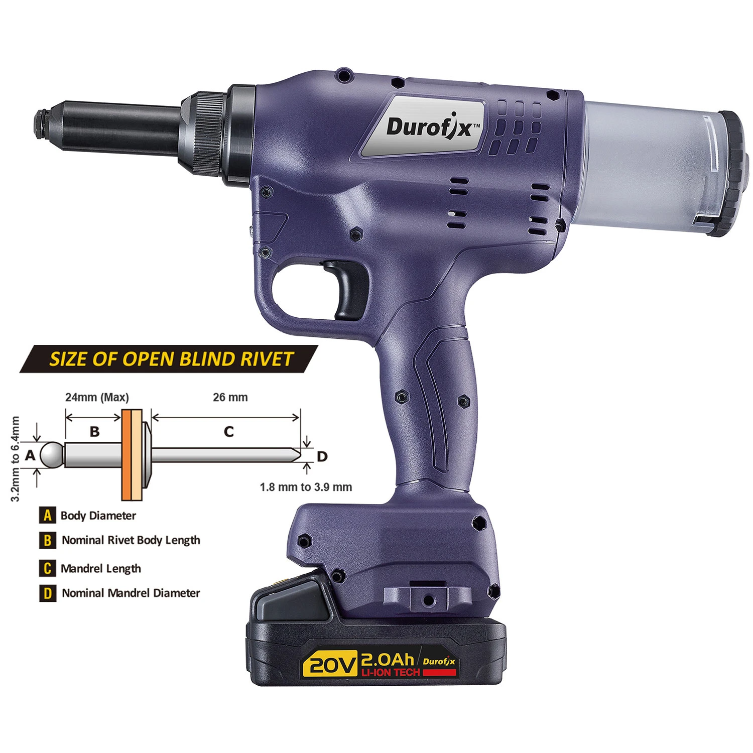 Durofix RV 20108 Akülü Fırçasız Perçin Makinası 20V - Resim 6