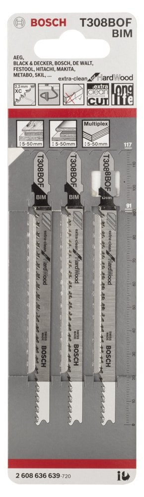Bosch - Extra Temiz Kesim Serisi Sert Ahşap İçin T 308 BOF Dekupaj Testeresi Bıçağı - 3'Lü Paket - Resim 2