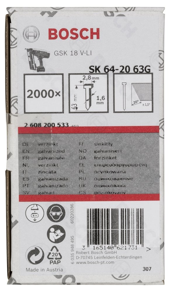 Bosch - Başsız Çivi 20ᵒ 63 mm Galvanizli 2000li - Resim 2