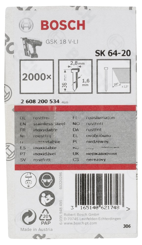 Bosch - Başsız Çivi 20ᵒ 38 mm Paslanmaz 2000li - Resim 2