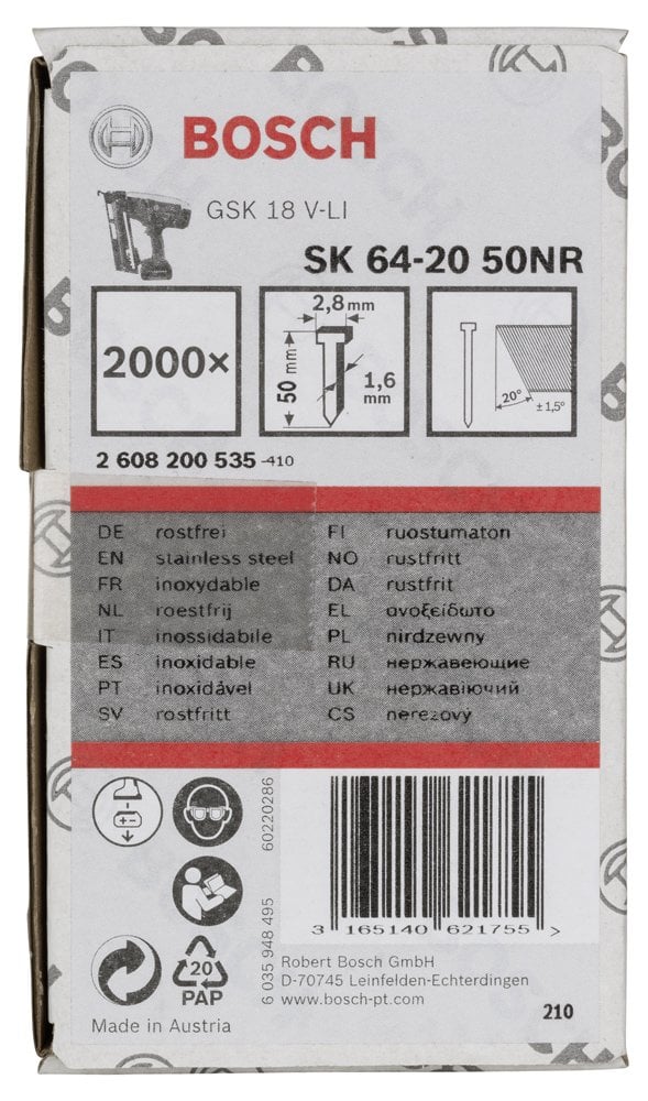 Bosch - Başsız Çivi 20ᵒ 50 mm Paslanmaz 2000li - Resim 2