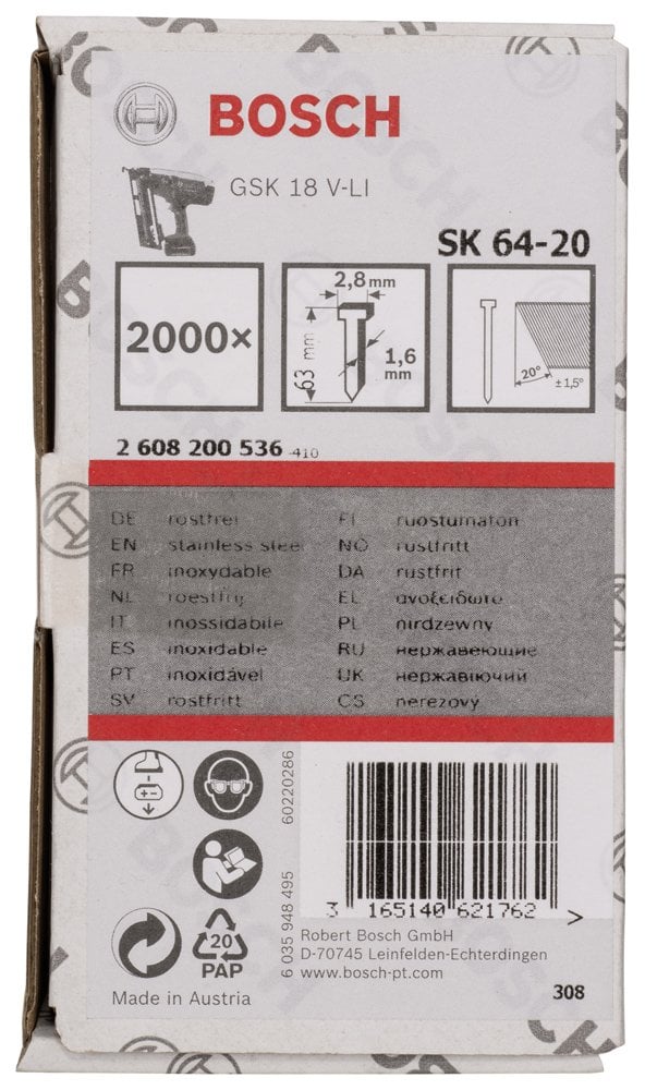 Bosch - Başsız Çivi 20ᵒ 63 mm Paslanmaz 2000li - Resim 2
