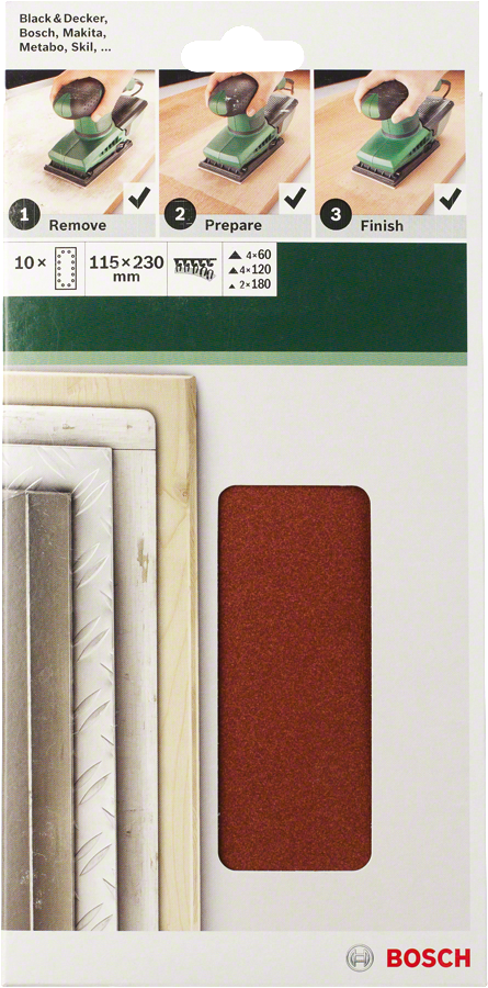 Bosch - Titreşimli Zımpara Kağıdı 10'lu Set, 115 x 230 mm 60/120/180 Kum 14 Delik - Resim 2