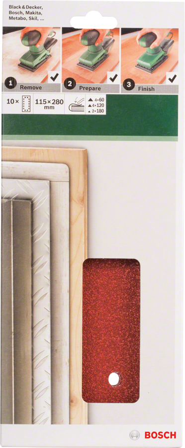 Bosch - Titreşimli Zımpara Kağıdı 10'lu Set, 115 x 280 mm 60/120/180 Kum 14 Delik - Resim 2