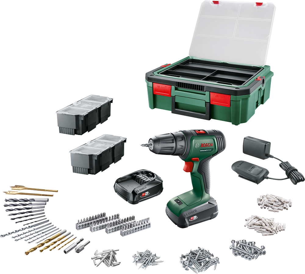 UniversalDrill 18V (2x1,5 Ah) Akülü Delme Vidalama Makinesi+ 241 parça set + Systembox S
